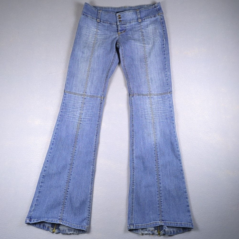 Y2K Ultra Love Jeans Womens 28x32 Blue Flared Ankle Zip Button Fly Bootcut Wide
